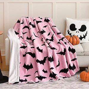 weigelia Halloween Throw Blanket - Pink Cute Bat Design Fleece Throw for Decorating Couch Bed Sofa, Soft Cozy Plush Halloween Blanket Gift for Kids Women, 50'' x 60''