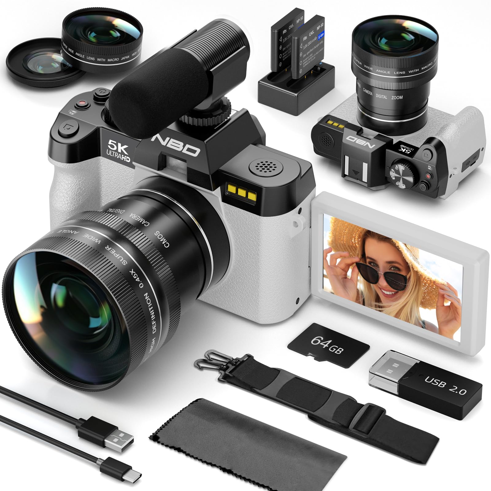 NBD 5K Digital Cameras for Photography - 16X Zoom Travel Camera with 180° Flip Screen, 64MP Vlogging Cameras Fotograficas for YouTube, 2 Batteries & 64GB TF Card,Auto Focus, Macro Lens (White)-image-8