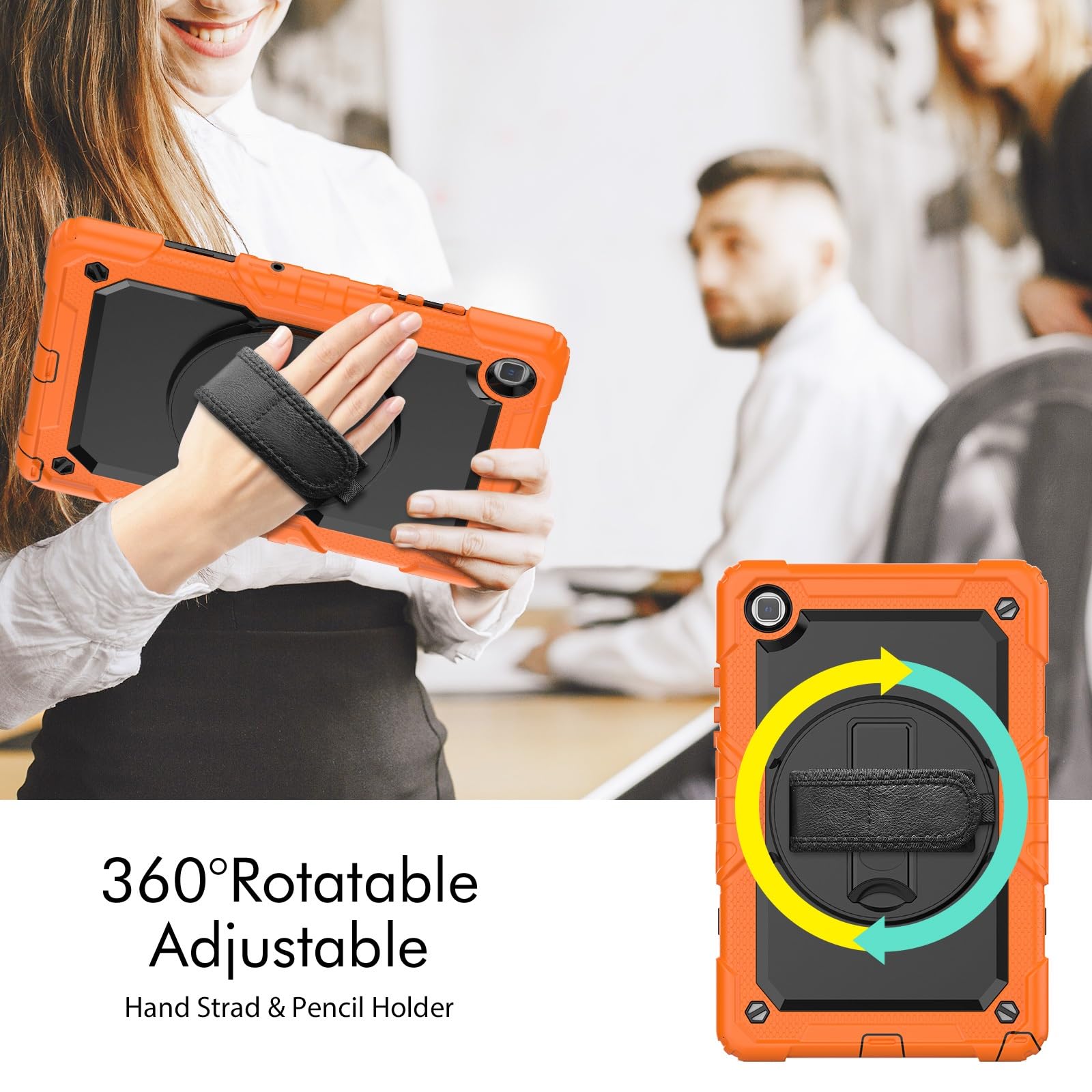 Kompatybilny z Samsung Galaxy Tab A7 10,4 cala SM-T500/T505 (2020) Etui folią ochronną ekranu, [podpórka] [pasek na ramię] Odporna wstrząsy wytrzymała obudowa 360° obrotowy pasek rękę i ramię(Orange)