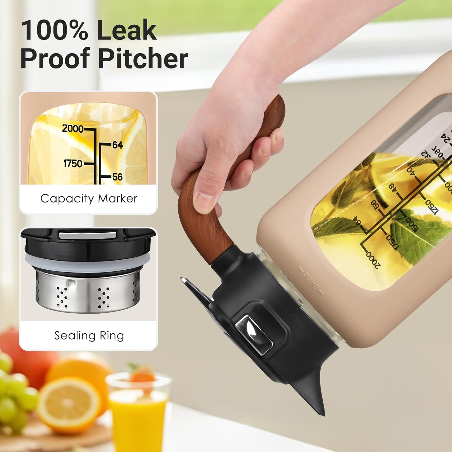 84oz Glass Pitcher with Lid and Handle Borosilicate Glass Water Jug/Carafe for Hot & Cold Beverages, 2.5Liter Large Pitcher with Silicone Sleeve & Wide Mouth, Fridge Safe for Iced Tea, Coffee, Juice