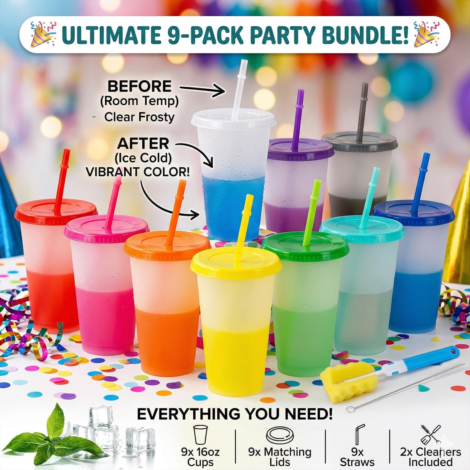 ALINK 9er Set Farbwechsel Becher Kinder 470ml, Wiederverwendbare Plastikbecher mit Deckel & Strohhalm, Magische Party Trinkbecher inkl. Bürsten