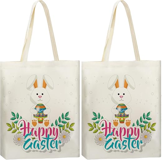 Weewooday 2 Pieces Easter Tote Bags Rabbit Egg Tote Bags Sacks Bag Reusable Canvas Tote Shoulder Bag Shopping Bag Handbag for Easter Party Grocery Shopping Market (Happy Easter)