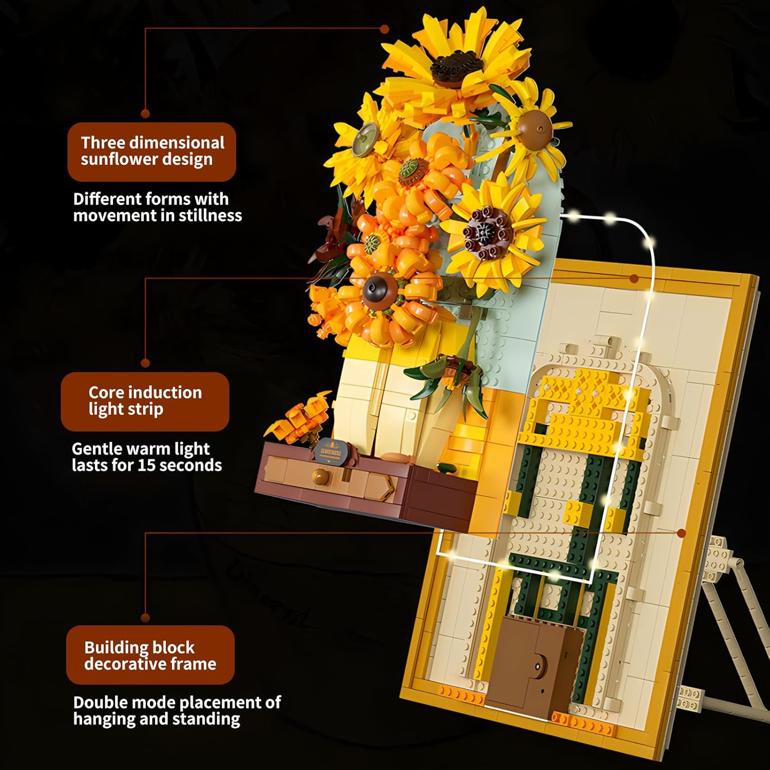 CAXIMSY Flowers Sunflower Building Block Sets Crafts for Adults Sunflowers Wall Art Painting Frame Gifts for Mother's/Valentine's Day，Artificial Flower for Room Home Decor（1166 Pieces）