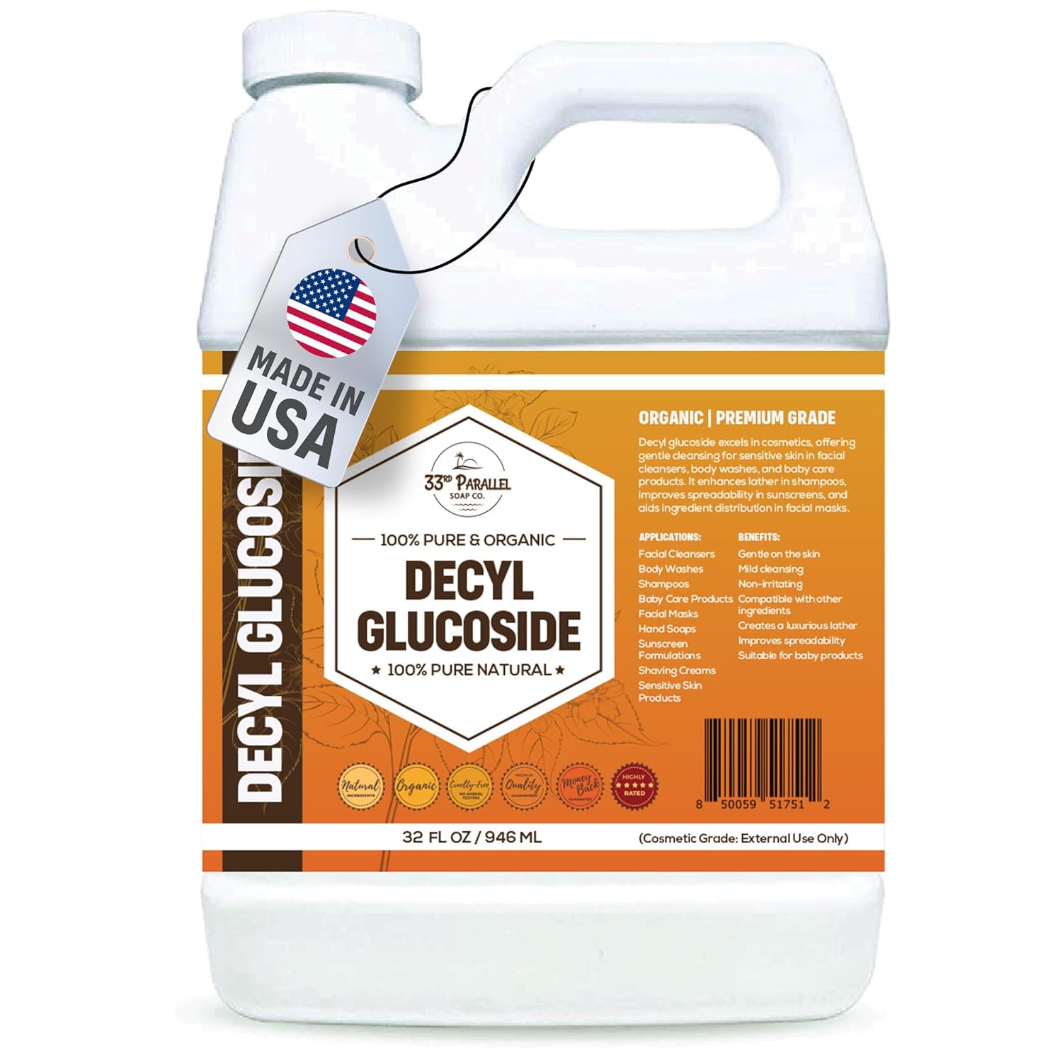 Decyl Glucoside Liquid Surfactant (32 oz) – Naturally Plant Derived – for DIY Skin Care – Use in Facial Cleansers, Body Washes, Shower Gels, Foaming Soaps, Shampoos, Baby Products | 32 Ounces