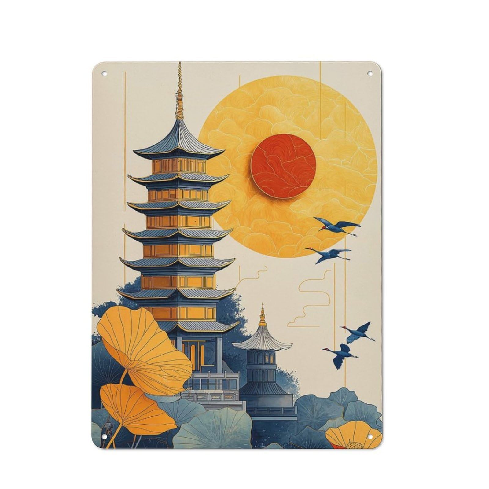 Junmoney Japanese Pagoda Illustration Metal Sign 40X30cm With For Workshop Wall, Rustic Decor, Wall Decoration For Workshops And Hobby Rooms