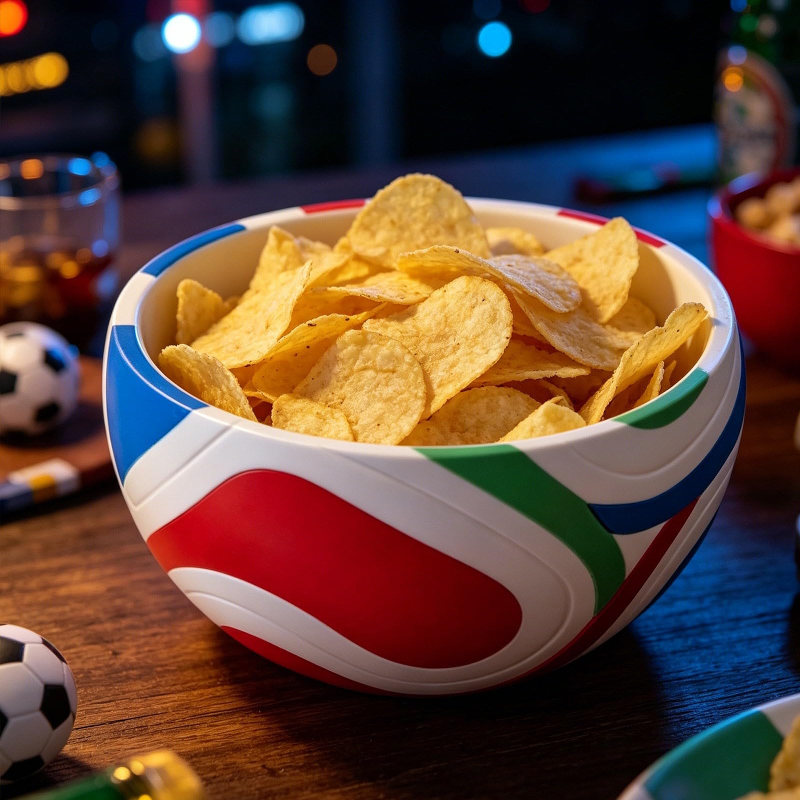 Ciotola per snack in plastica riutilizzabile a forma di calcio per popcorn per feste ed eventi sportivi per servire patatine fritte, noci, snack, regalo per gli appassionati di calcio
