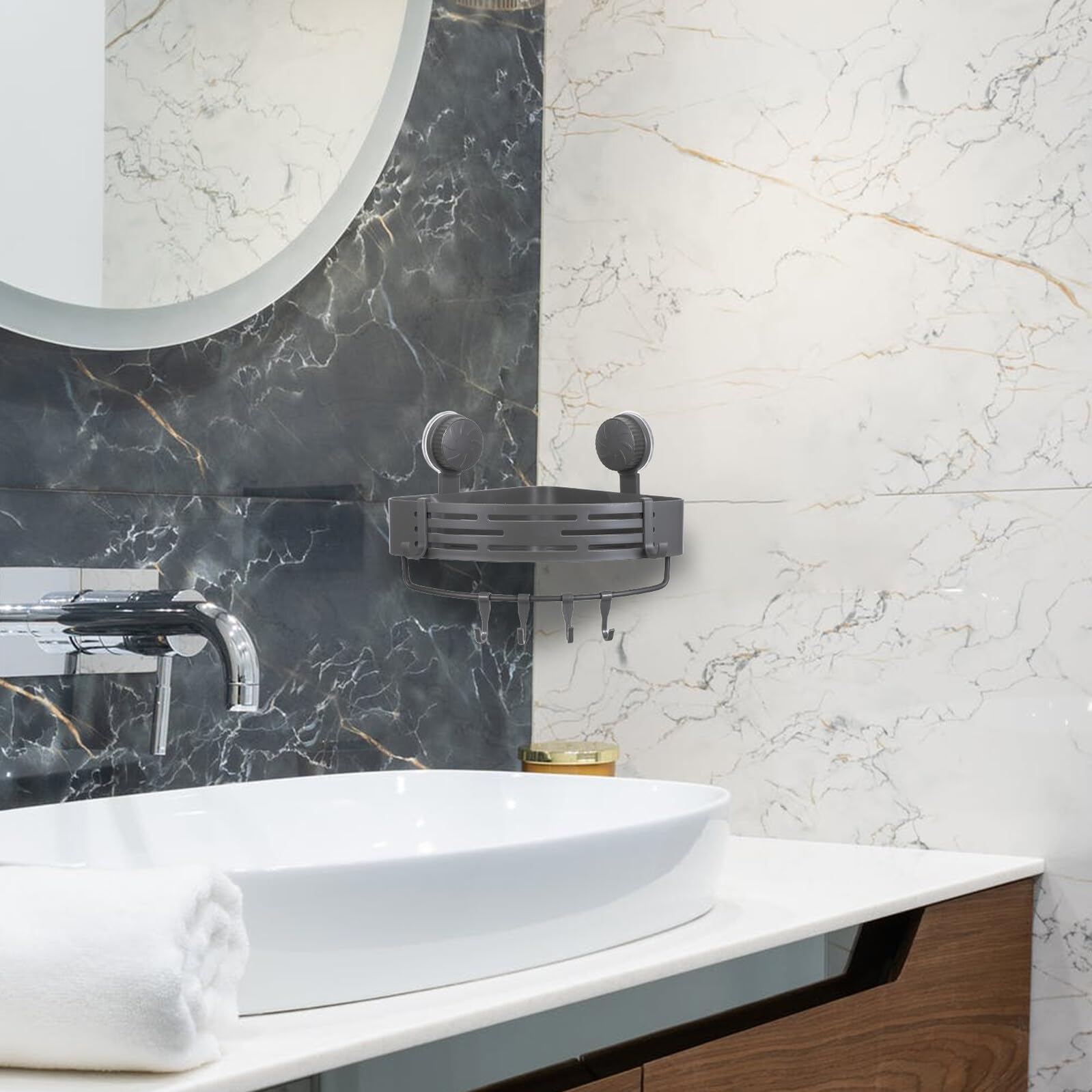 Mensola Angolare Triangolare da Bagno Ventosa 2 Pezzi Abs | Montaggio a Parete senza Fori, Ganci Inclusi, Grande Capacità per Cosmetici e Rasoi, Uso in Cucina e Armadio