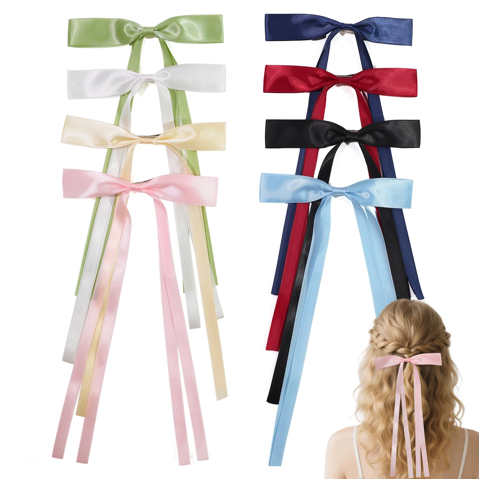 Silky Satin Long Bow Hair Clips, 8pcs Hair Barrettes for Women Girls, 8 Colors Long Tail Bow Hair Ribbon Claws, Elegant Hair Accessories for Teens and Adults