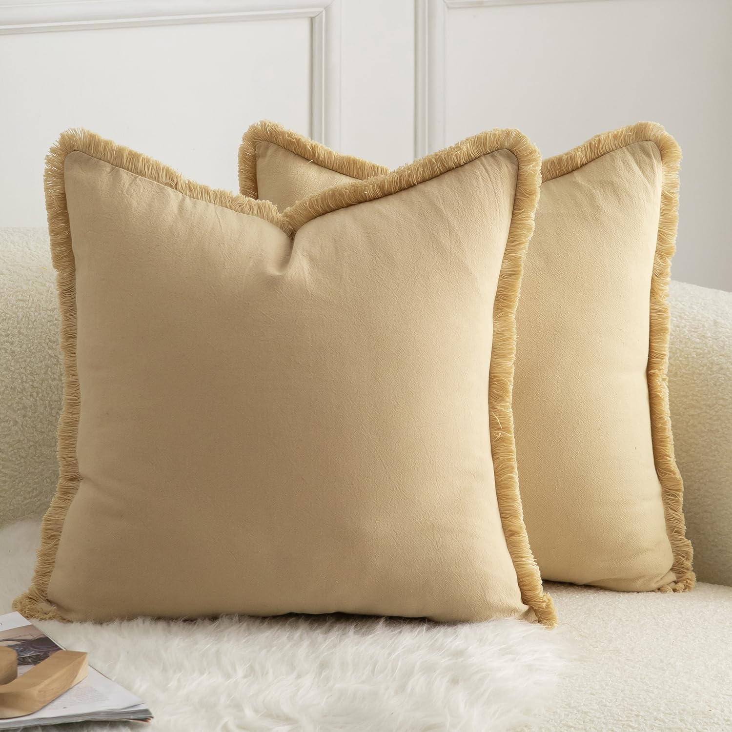 Mandioo Set of 2 Neutral Cotton Fringe Cushion Covers 60x60 cm 24x24 inch Decorative Boho Farmhouse Throw Pillowcase Cozy Tassels for Couch Sofa Bedroom Living Room Home Decor Khaki