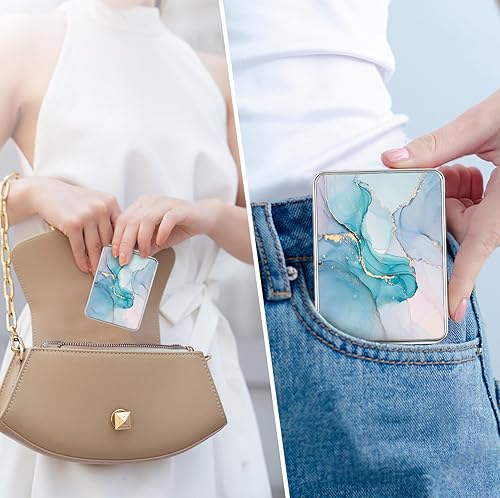 Miniatura 4 de dcdcee Espejo de bolsillo, pequeño espejo de viaje con aumento, espejo cosmético portátil de doble cara con aumento para uso diario (mármol azul)