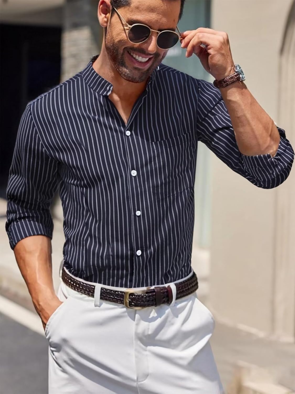 BAYAMO Men's Banded Collar Stripe Shirt, Linen Cotton Mandarin Collar Long Sleeve Button Down Shirts Collarless Tops - Image 4