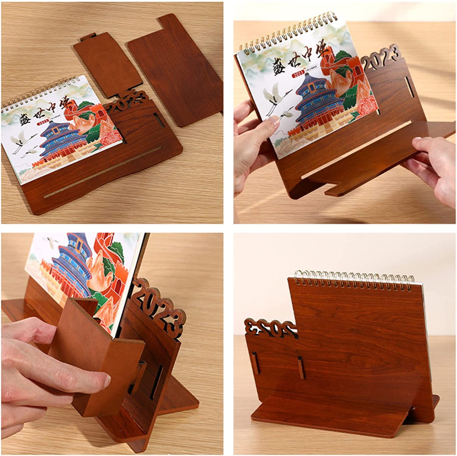 OLOTU Kalender Kreativer Kalender, Stehender Flip-Desktop-Kalender mit Holzsockel, Stifthalter-Set, Telefonhalter, Tischkalender 2023 Geplant