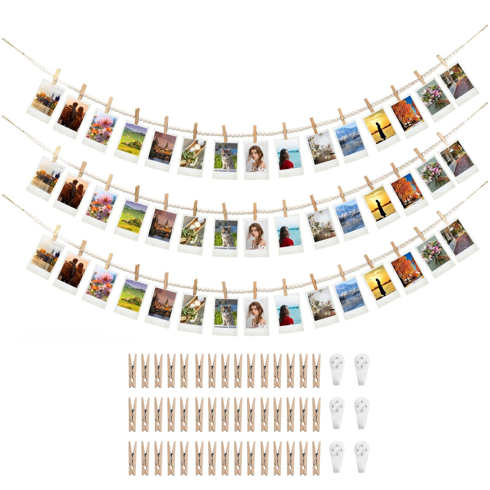 Photo 1 of 3PCS Hanging Photo Display with 45 Clips, 67 Inch Boho Wooden Bead Garland Photo Banner, Kids Art Display Collage Picture Postcard Display, Photo String for Bedroom Dorm Cubicle Wall Decor Teen Gifts