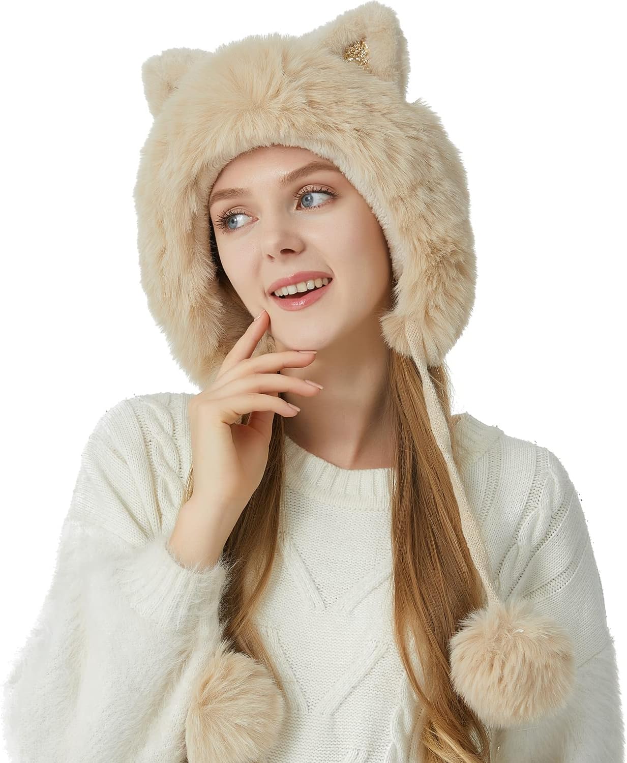 Women Winter Peruvian Cover Ears Beanie Hat Ear Flaps Sherpa Ski Snow Hats Knit Fleece Lined 3 Pom Pom - Image 6