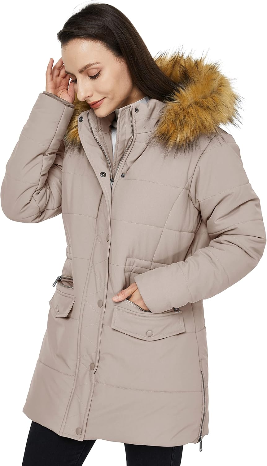WenVen Women's Winter Waterproof Thickened Puffer Jacket with Fur Hood Camel Small