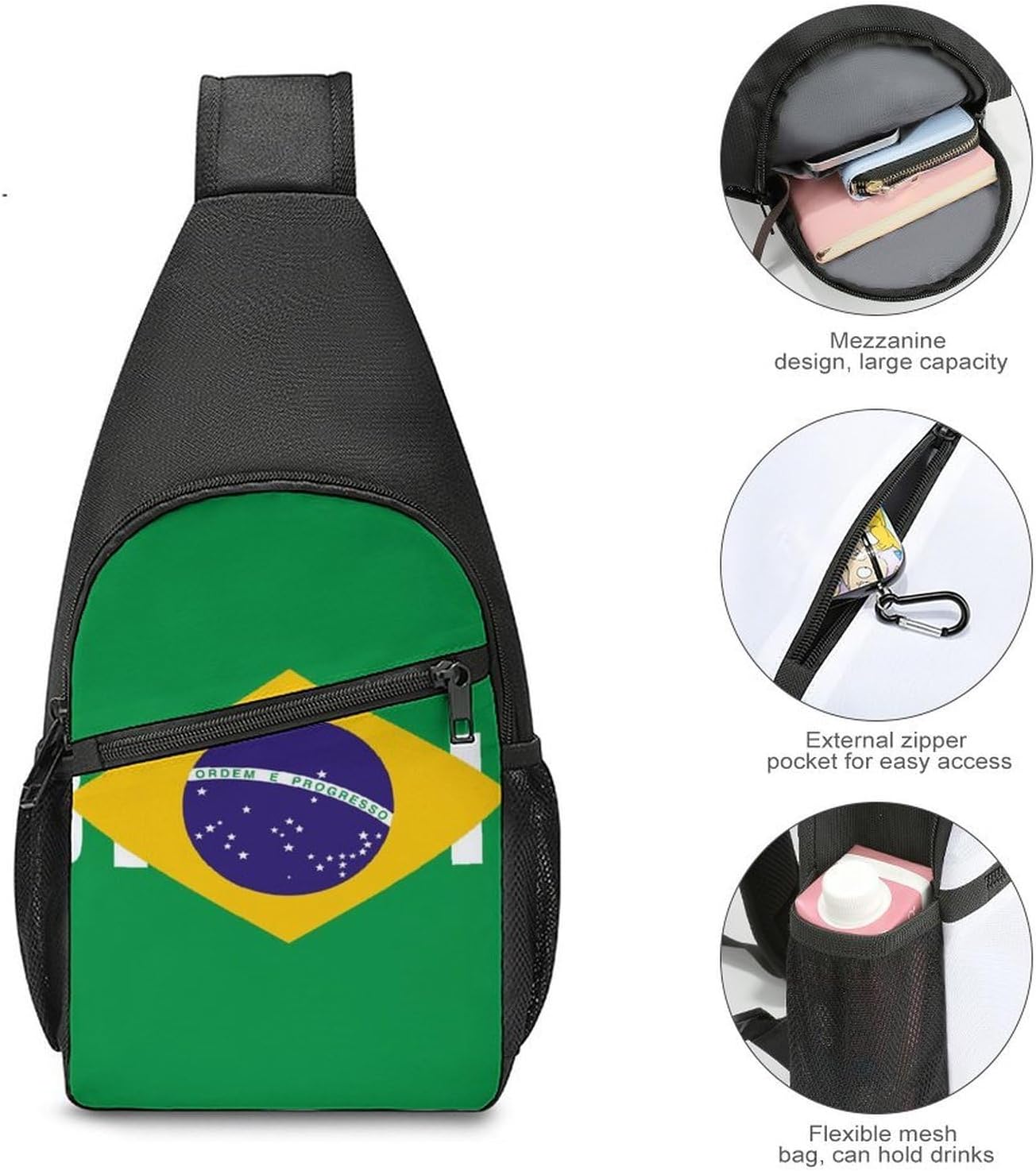 Brazil Brazilian Flag Crossbody Sling Backpack Chest Bag Daypack | unisex,trendy,with convertible and detachable shoulder strap,side pockets