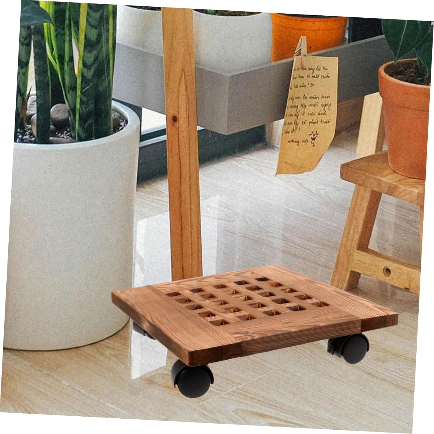 Vintage Wooden Plant Tray with Wheels Rotating Flowerpot Stand Heavy-Duty Mobile Planter Cart for Indoor and Outdoor Use Secure and Stable Base for Potted Plants