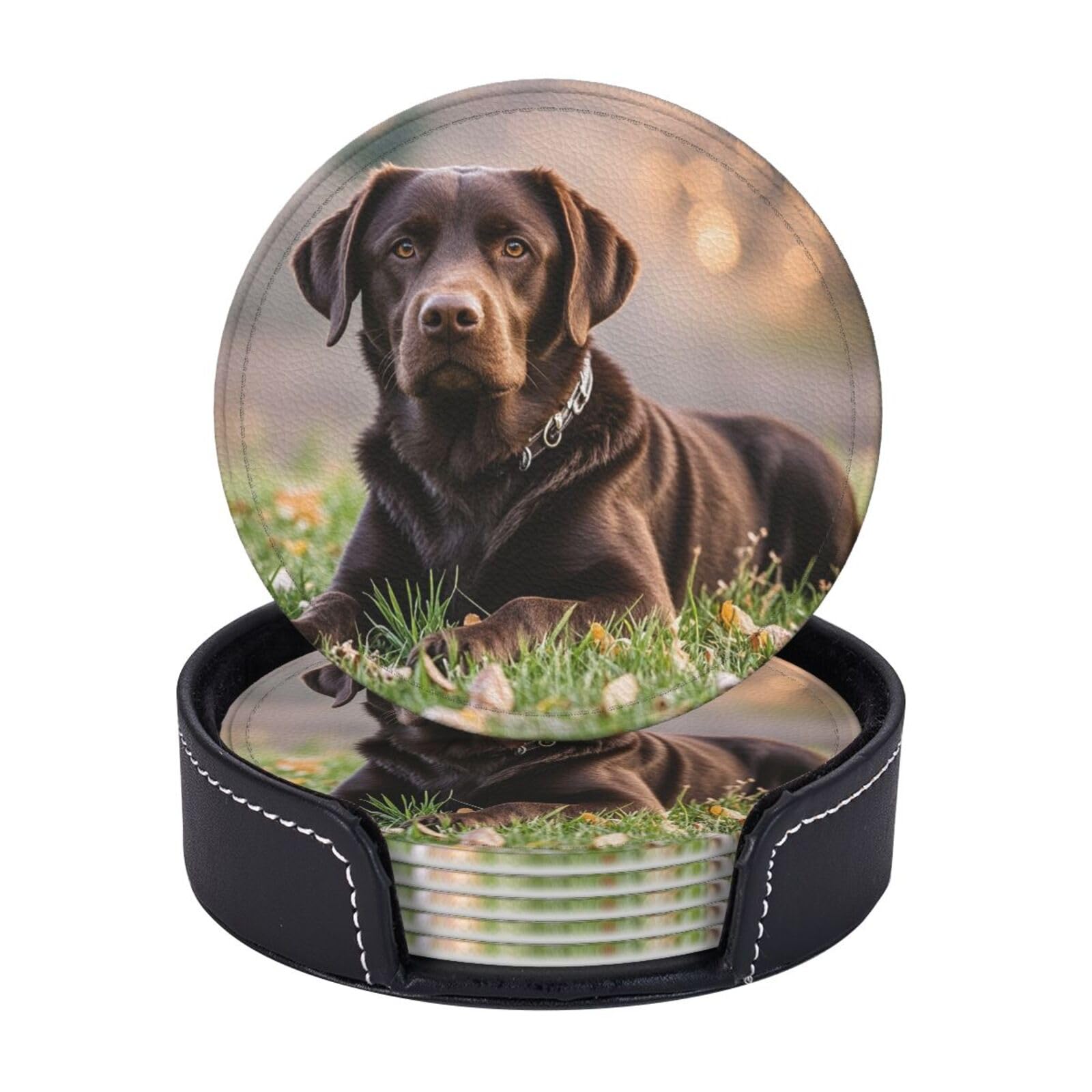Drink Coasters Set of 6 Coffee Leather Coaster with Holder Brown Labrador Retriever Coasters for Drinks Coffee Cup Mat Heat Resistant Tabletop Protection Coaster Desk Accessorie Home Decorative