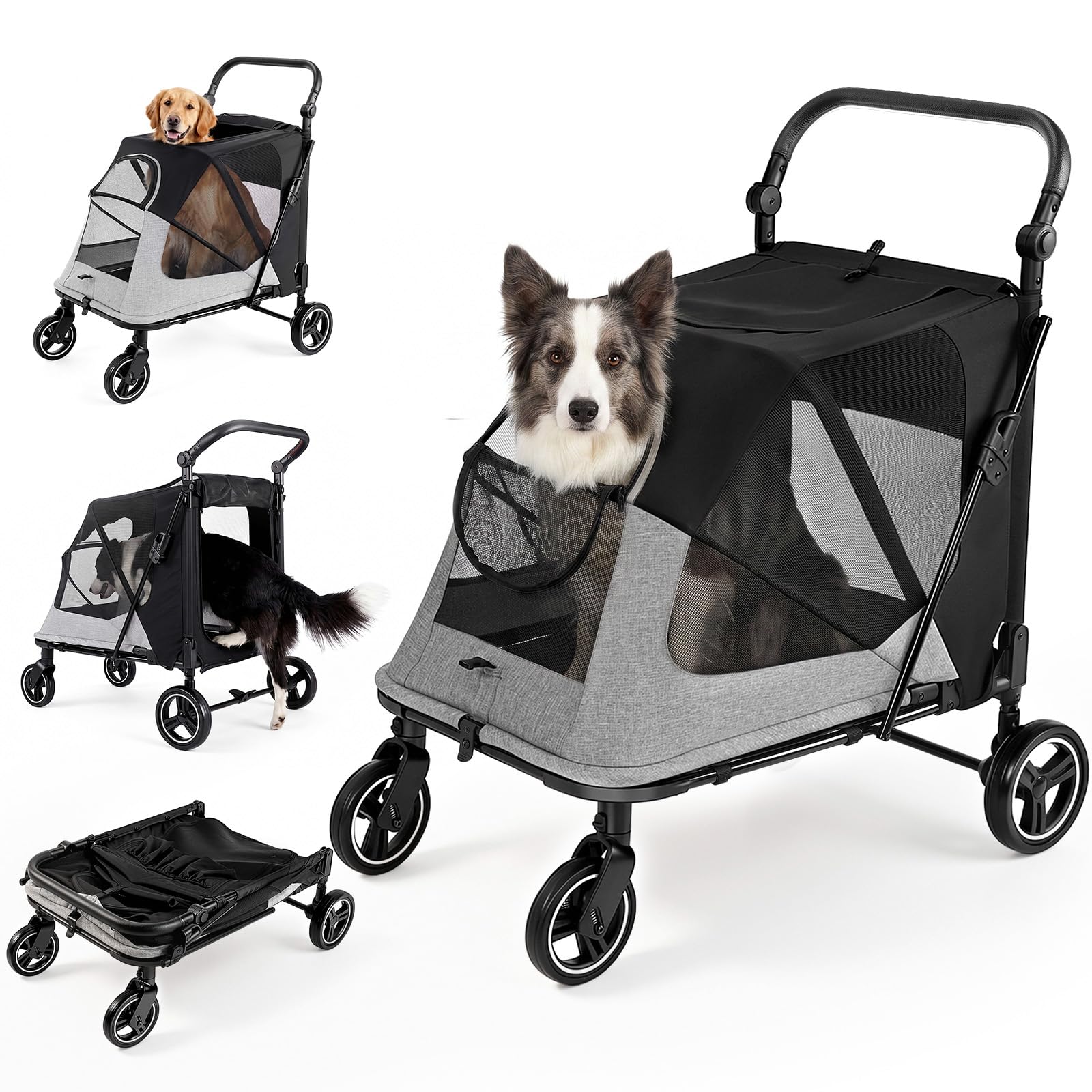 MAMIZO Passeggino per Cani Pieghevole, Carrello per cani gatti fino a 30kg | Passeggino con 2 ingressi, Finestre a rete, Lucernario, tasca posteriore, Manico regolabile,4 PCS ruote, cani media e grande