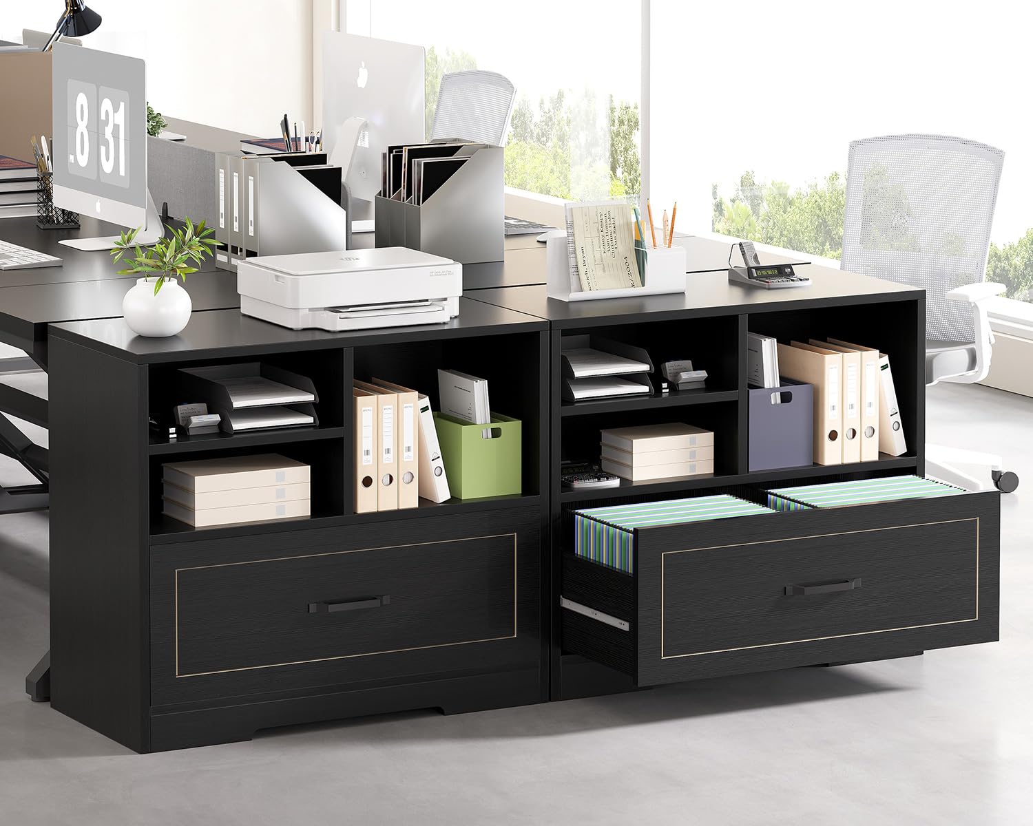 LVB Cassettiera in legno nero, 83 cm, con ripiano per stampante, per studio | Robusto telaio in legno con ripiano per stampante, molto spazio per lettere e documenti in formato A4