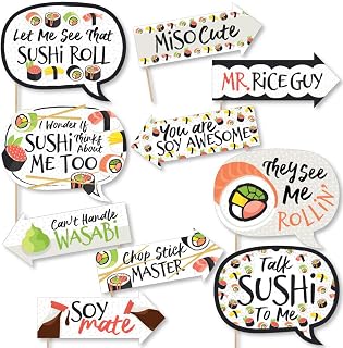 Funny Let's Roll Sushi Photo Booth Props Kit - 10pc Japanese Party Selfie Signs, Easy Assembly by Big Dot of Happiness