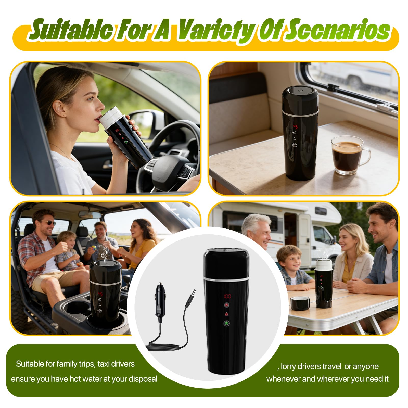 Bouilloire Électrique Portable 12V, 420ml, Acier Inoxydable 304, Noir, Chauffage Rapide, pour Voiture Camion Taxi, Camping Voyage