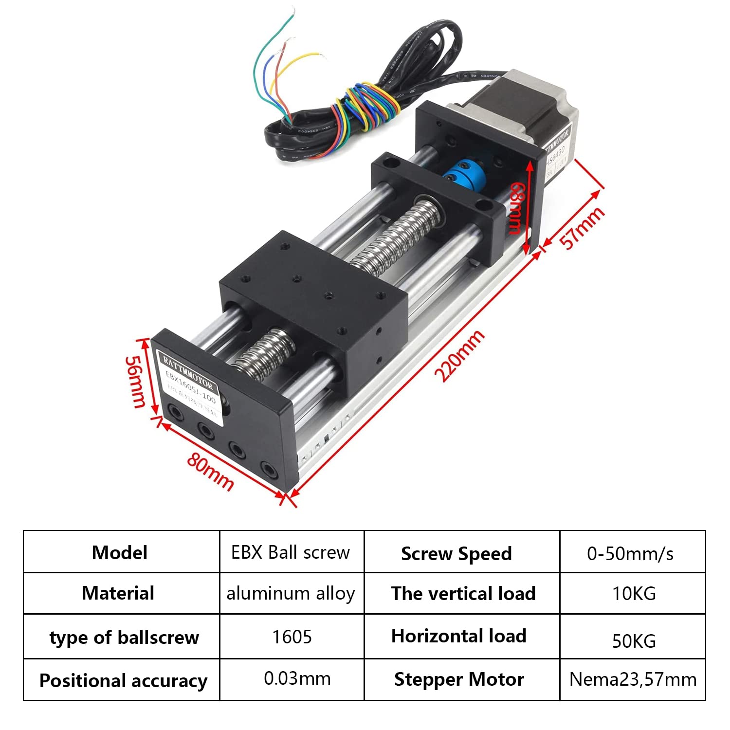 RATTMMOTOR - Guida lineare CNC, azionamento lineare con corsa effettiva di 100 mm, attuatore da banco lineare con cuscinetto a sfere e motore passo-passo Nema23 per fresatrice CNC