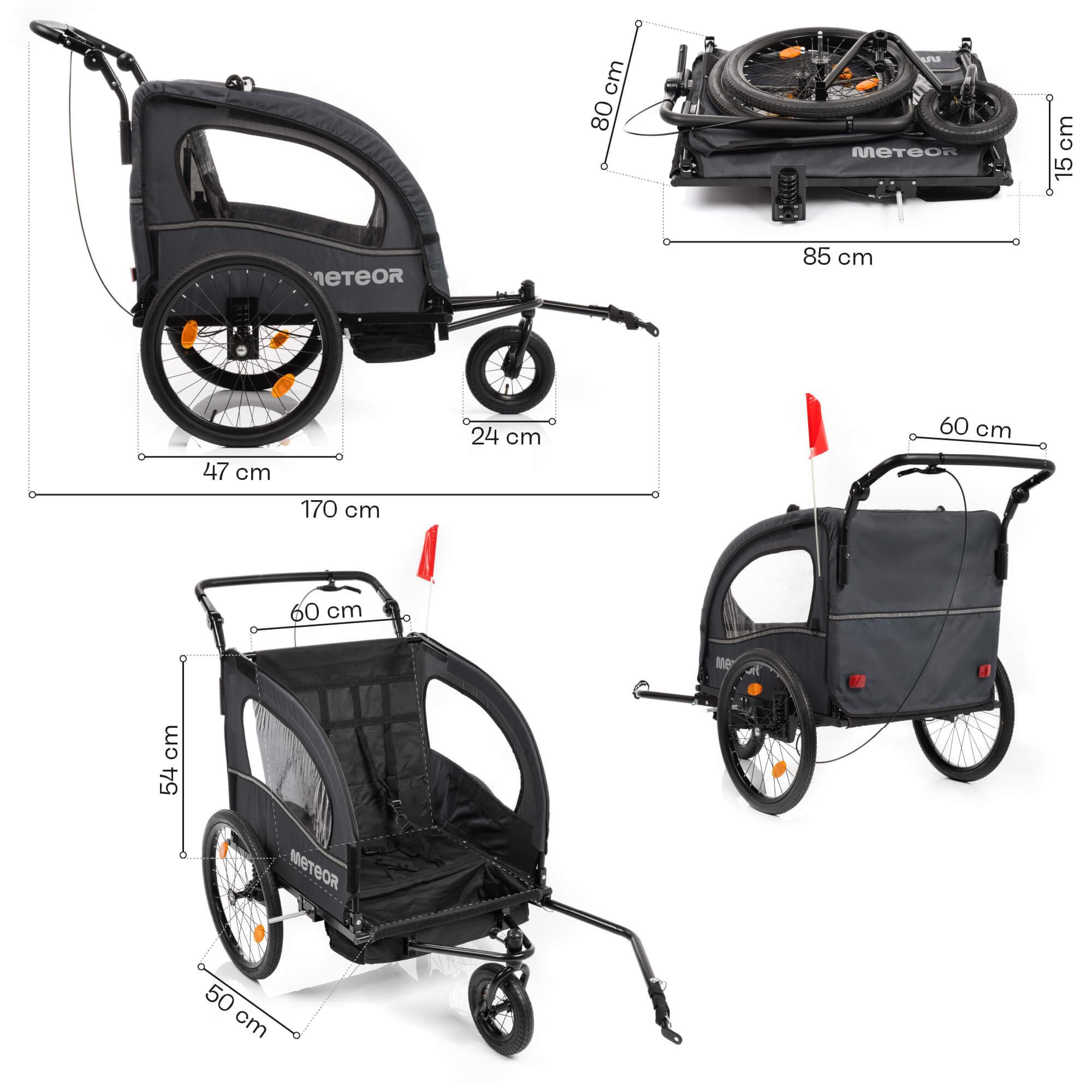 meteor Kinderfahrradanhänger 2 in 1 Fahrradanhänger und Jogger für 2 Kinder bis 44 kg ab 18 Monaten mit Regenverdeck Sicherheitsfahne Reflektoren Handbremse Stauraum Stahlrahmen Grau BX-50