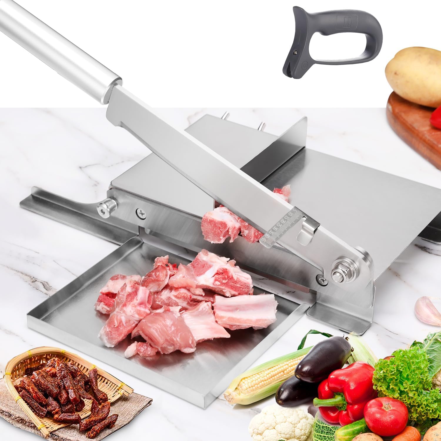Biltong Slicer Manual Meat Cutter with Scale - Stainless Steel Cutting Machine Hand Herb Root Slicer for Salami, Ham, Bacon, Vegetables, Deli, Ginseng, Fish (KD0270)