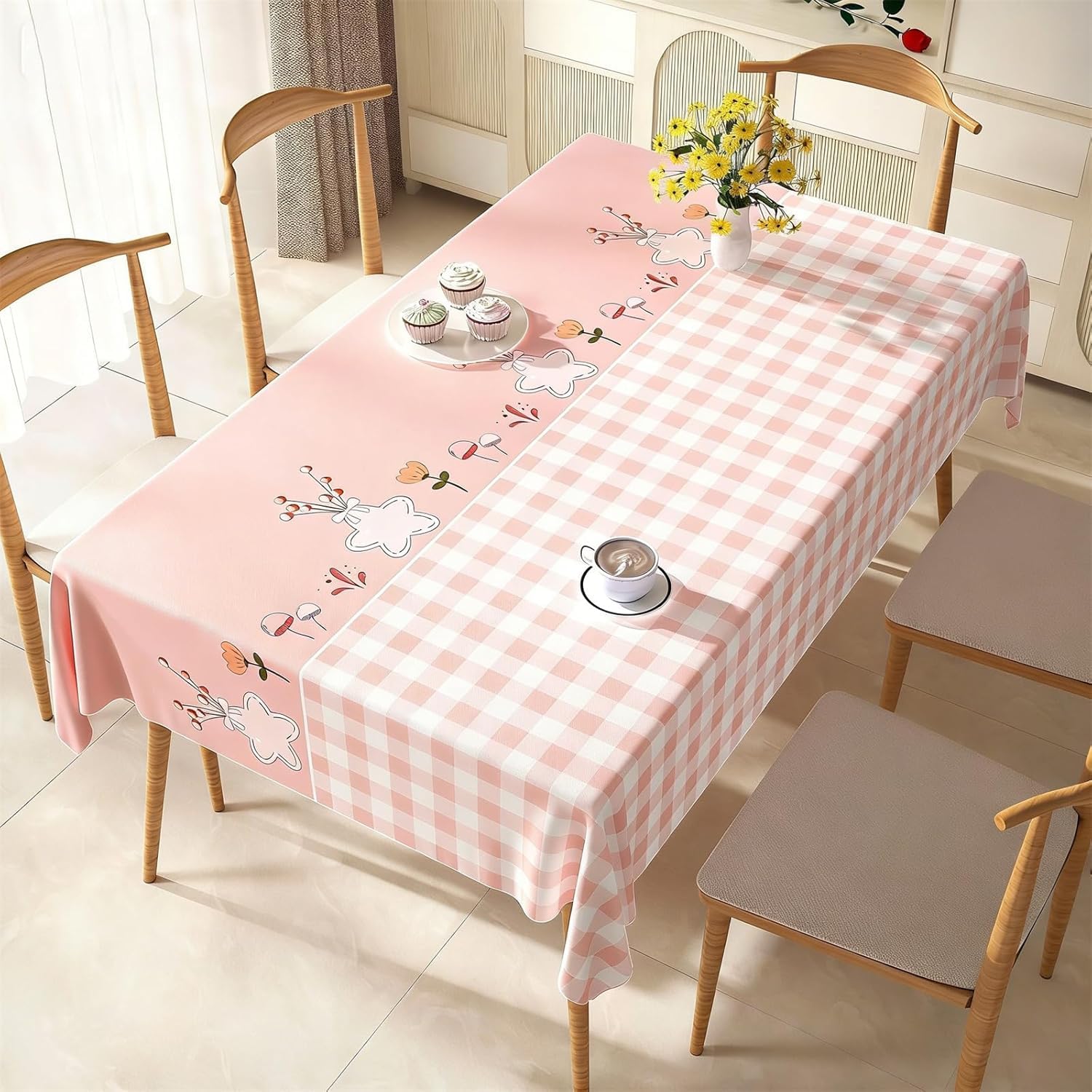 KIJyfgTR Rectangular Tablecloth With A Checked Floral Pattern Kitchen Worktop Decoration(Pink,140x260cm)