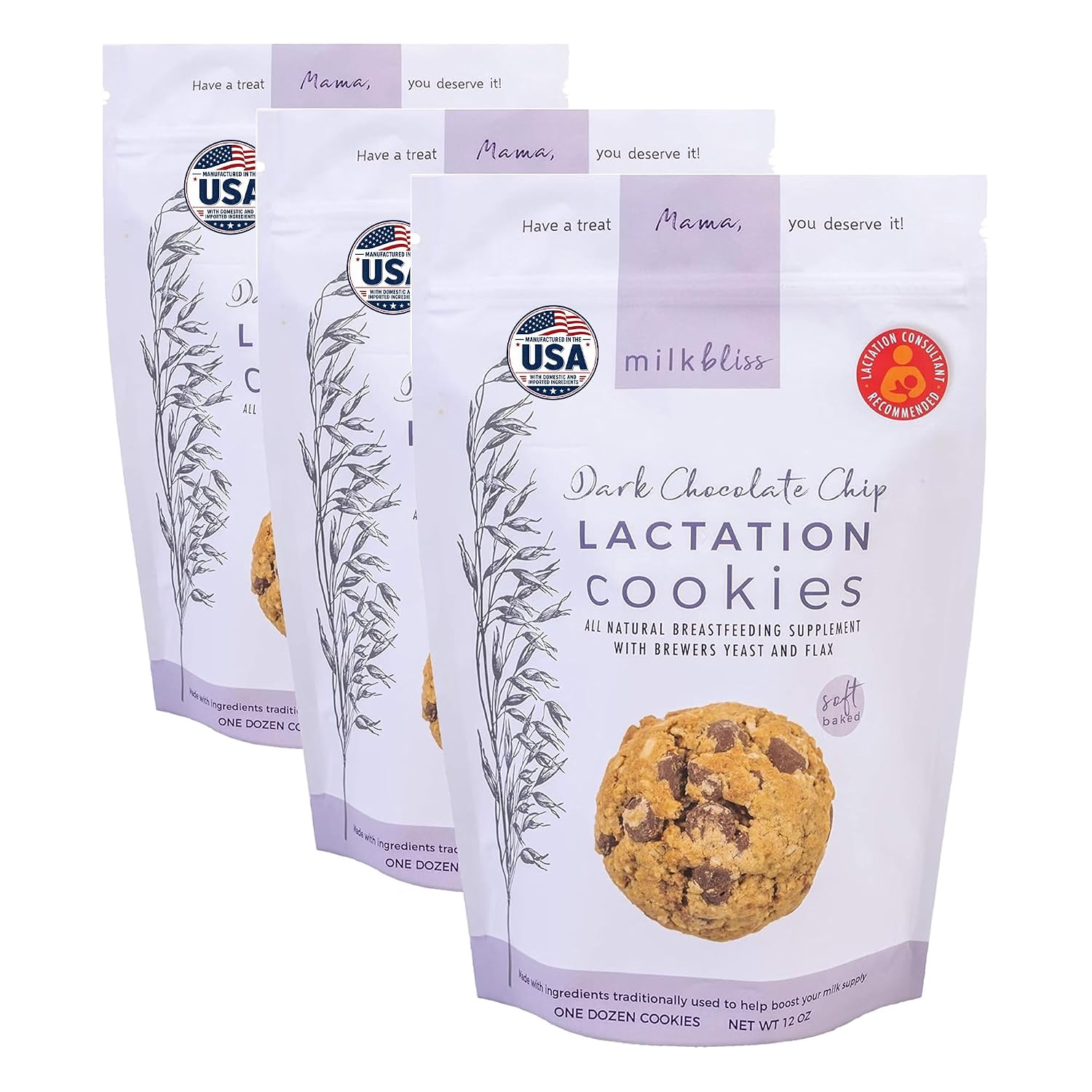 MilkBliss Dark Chocolate Chip Oatmeal Lactation Cookies with Brewers Yeast for Breastfeeding and Breastmilk Supply Increase-12 oz (Pack of 3)