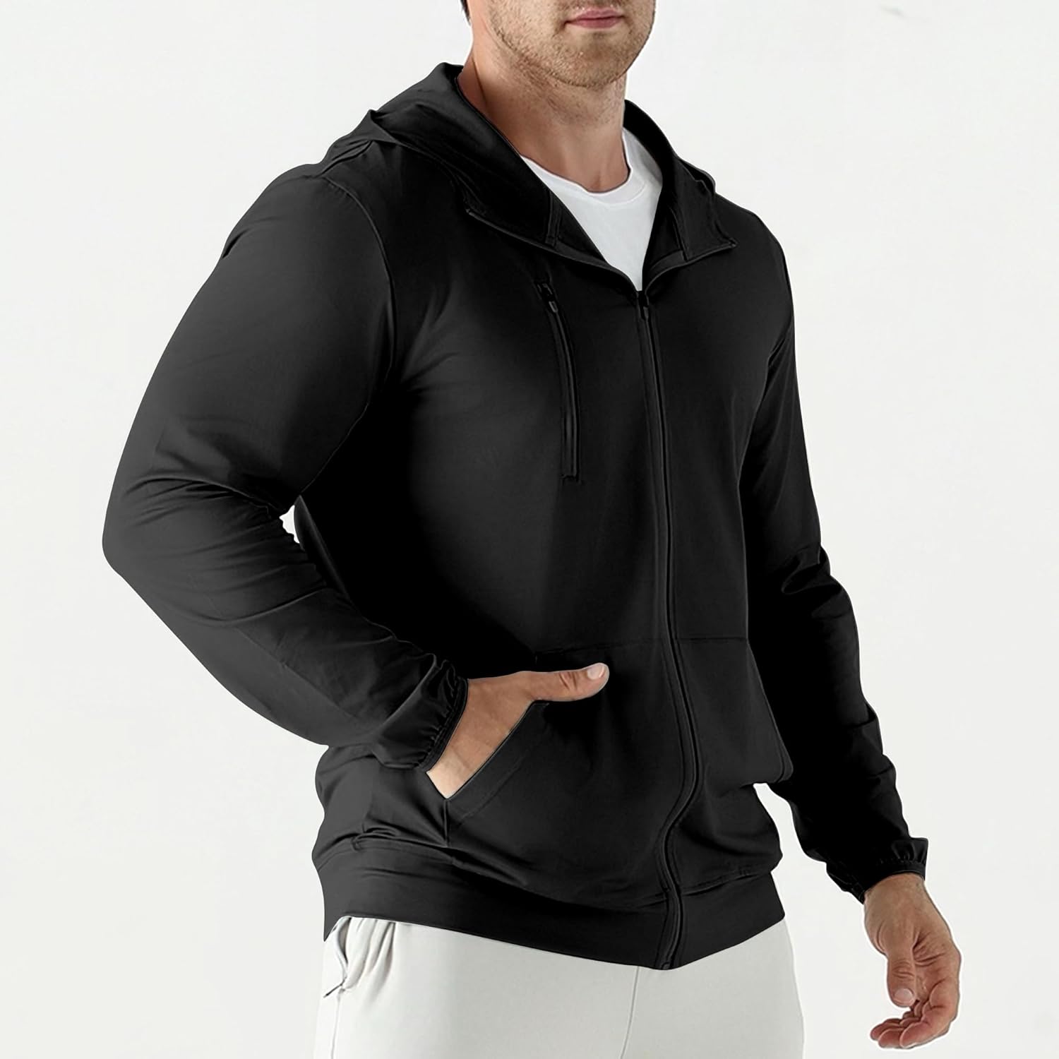 Mens Lightweight Running Jackets,UPF 50+ Workout Windbreaker Zip Up Hoodie Men with Pocket - Image 8