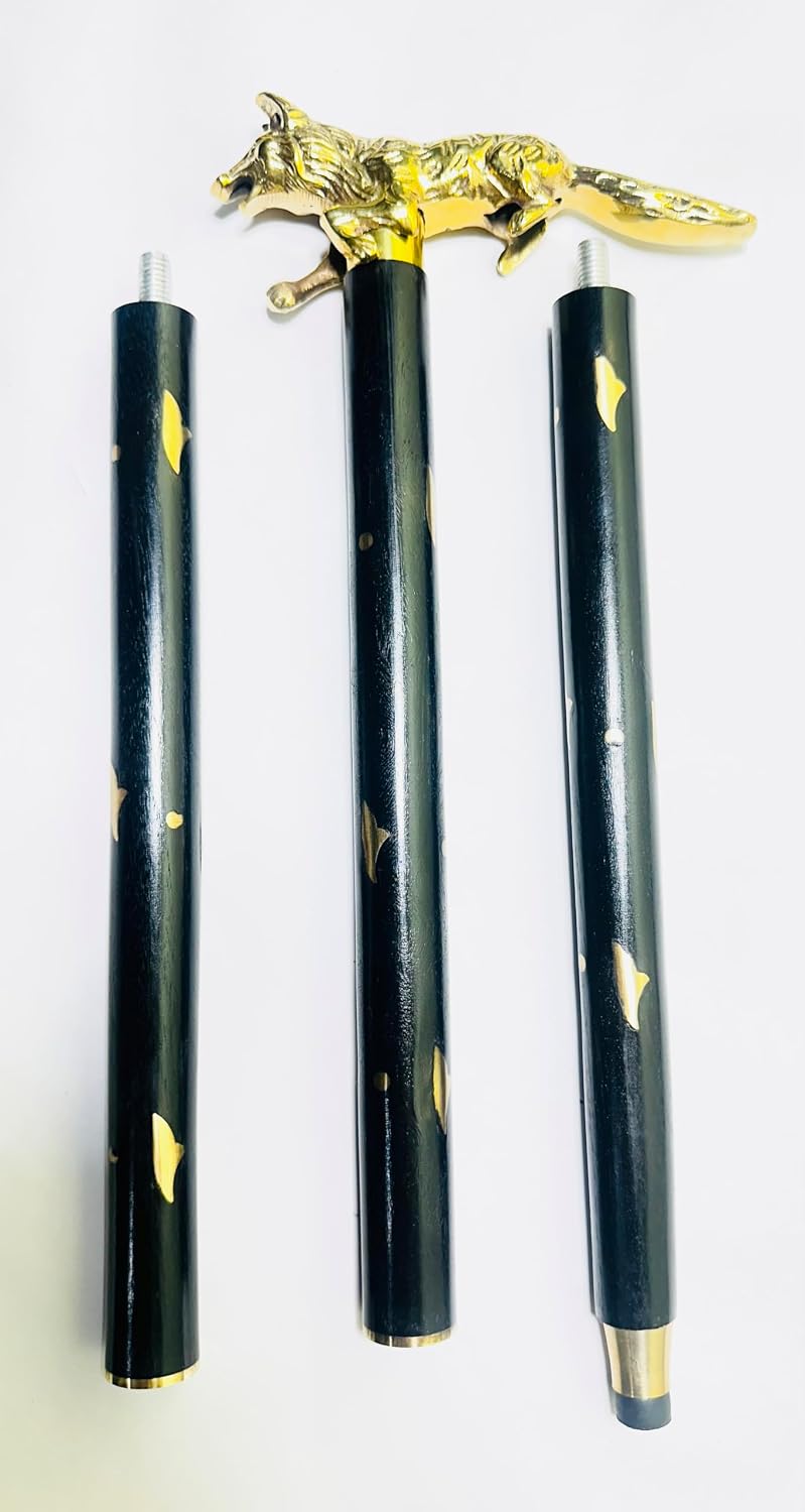 Fox Head Walking Cane Handle with Black Wooden Shaft Decorative Brass Cane Handle for DIY Walking Stick Replacement Handle Gift for Collectors
