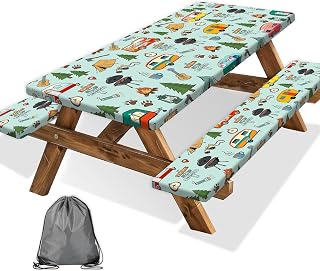 Camping Picnic Table Cover with Bench Covers and Bag, Camping Essentials, Waterproof Windproof Fabric, Fitted Tablecloth Cover with Elastic Edge, for Indoor & Outdoor, Garden, 3 PCS, 30x72 Inch