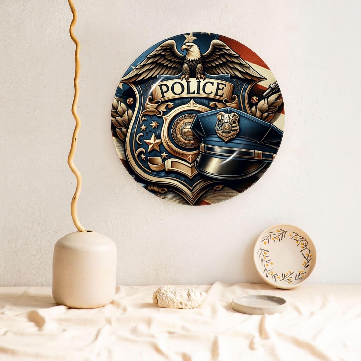 American-Police-Pattern 10 Inch Decorative Plate With Stand, Elegant Display Wall Plate For Home Decor