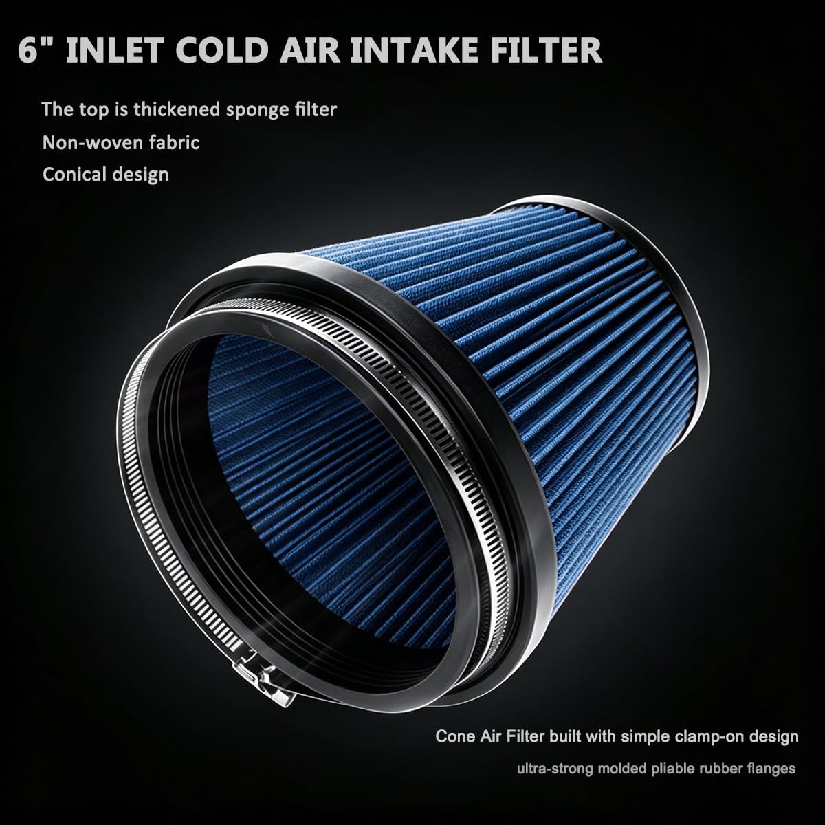 6" Inlet Cold Air Intake Filter - Washable, High Performance Clamp-On Replacement Cone Air Filter Blue