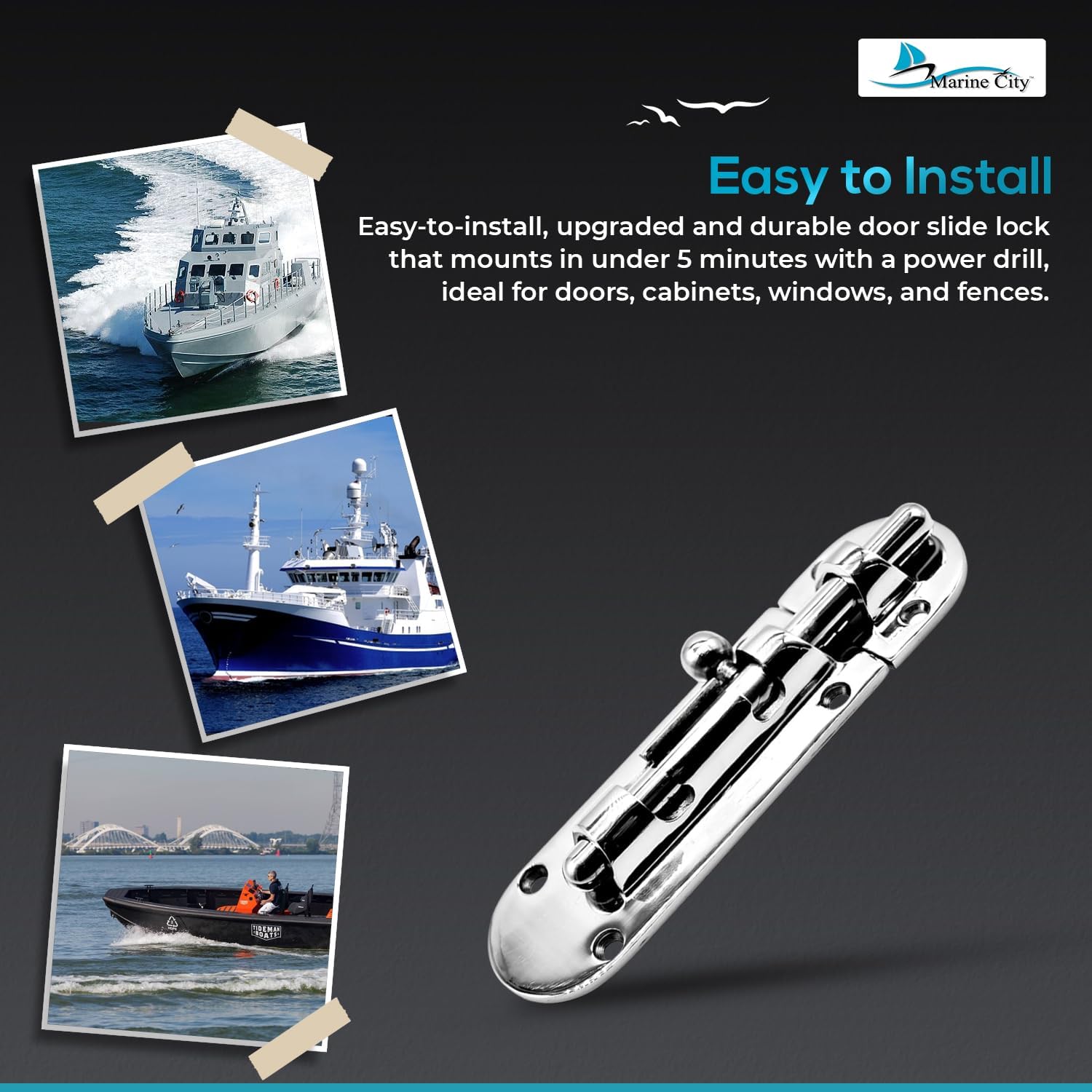MARINE CITY Barrel Bolt Door Latches, 316 Stainless Steel, Rust & Corrosion-Resistant, Ideal for Windows, Hatches, Cabinets