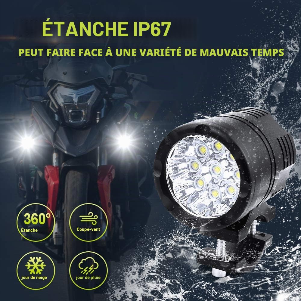 Biqing 2PCS Moto Phare Projecteurs avec Interrupteur étanche,Universal 12V/24V Phares LED Moto Phare Lumière Auxiliaire pour Motos et Voiture Feux de Travail Lampe LED Projecteur Spot