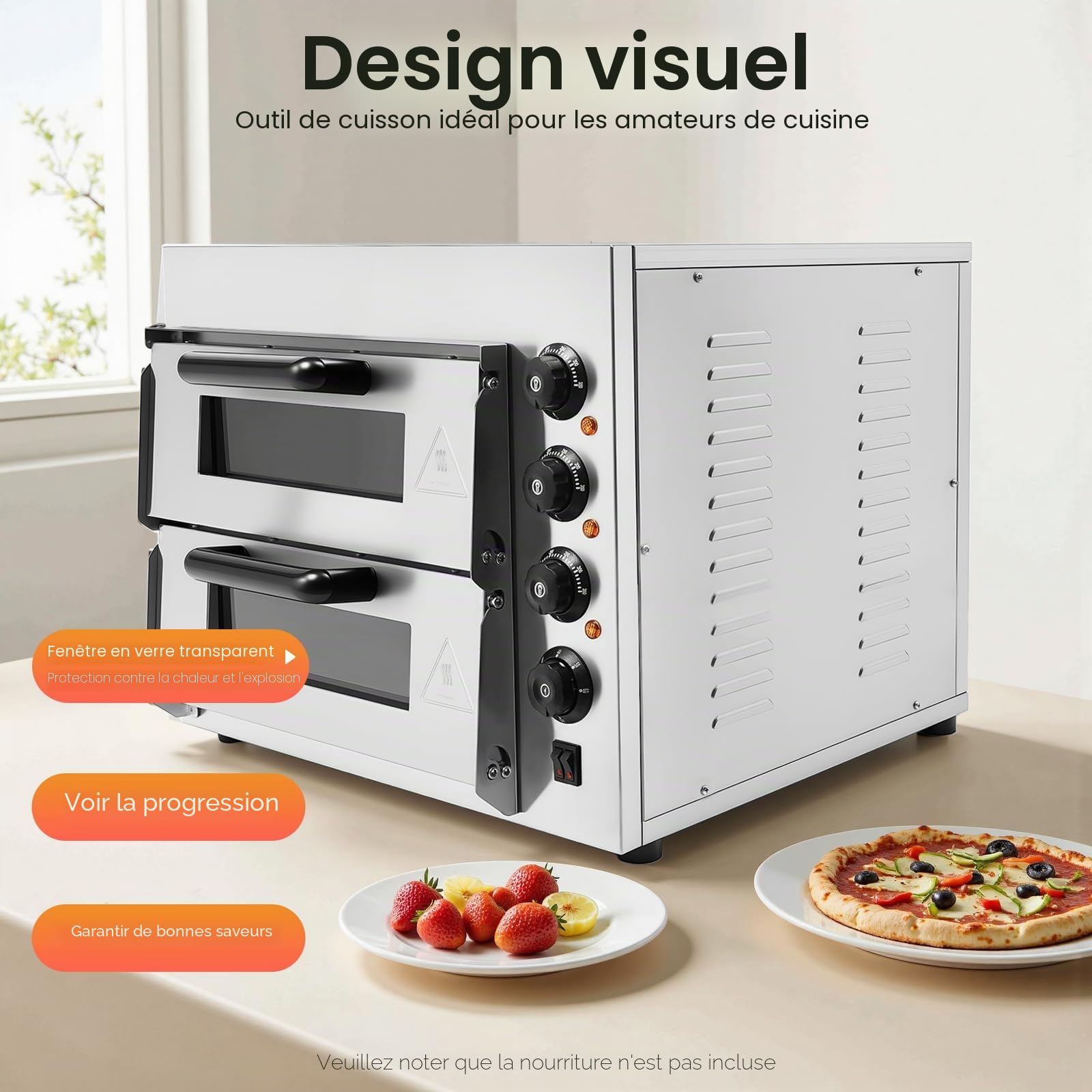 Four à pizza électrique, 3000W Double couche Mini Four à pizza électrique, Four à pizza pour la restauration, four à gastro 50-350℃
