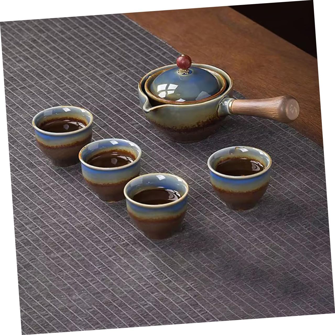 Portable Ceramic Gongfu Tea Set with Teapot and Four Cups, Military Green Travel Tea Set Kit with Carrying Bag for Outdoor and Travel Use