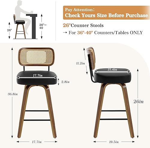 Miniatura 2 de Bekrvio Juego de 3 taburetes de bar giratorios de altura de mostrador, taburetes de bar tapizados de piel sintética con respaldo de ratán, sillas de