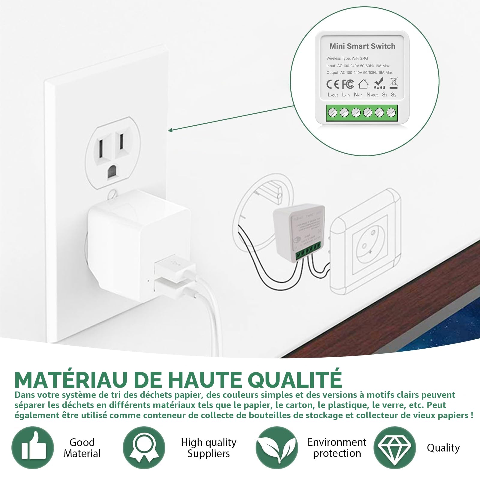 Smart Life commutateur 4 commutateurs de lumière intelligents module 2 voies, WLAN Mini relais intelligent, compatible avec Google Assistant et Alexa, neutre requis