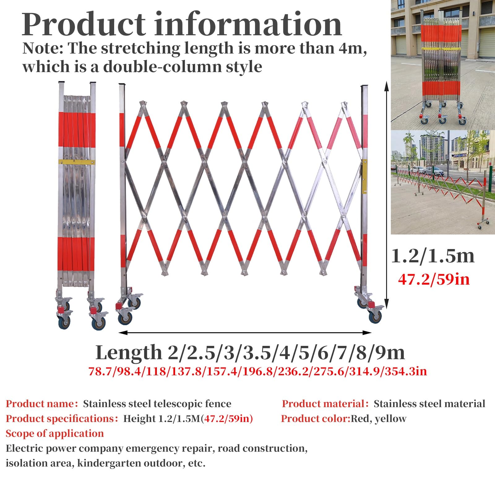 Valla retráctil de acero inoxidable extensible con ruedas universales para seguridad industrial y control de acceso, flexible
