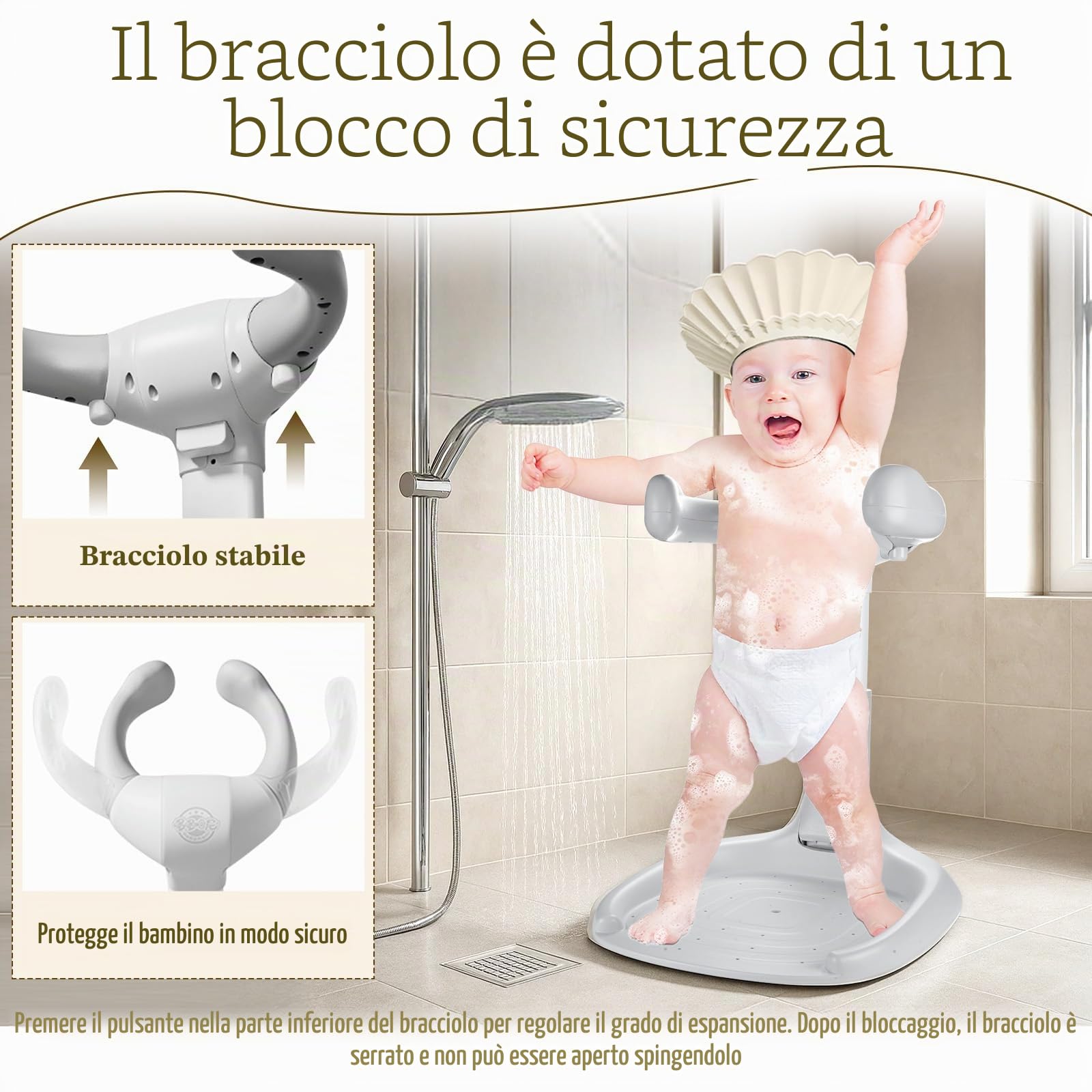 Supporto Doccia Bambini in Piedi, Regolabile Spporto per Doccia Bambini con Cuffia per la Doccia, Doccia Neonato, Pieghevole Supporto per Vasca da Bagno per 8-36 Mesi, Neonati e Bambino piccoli