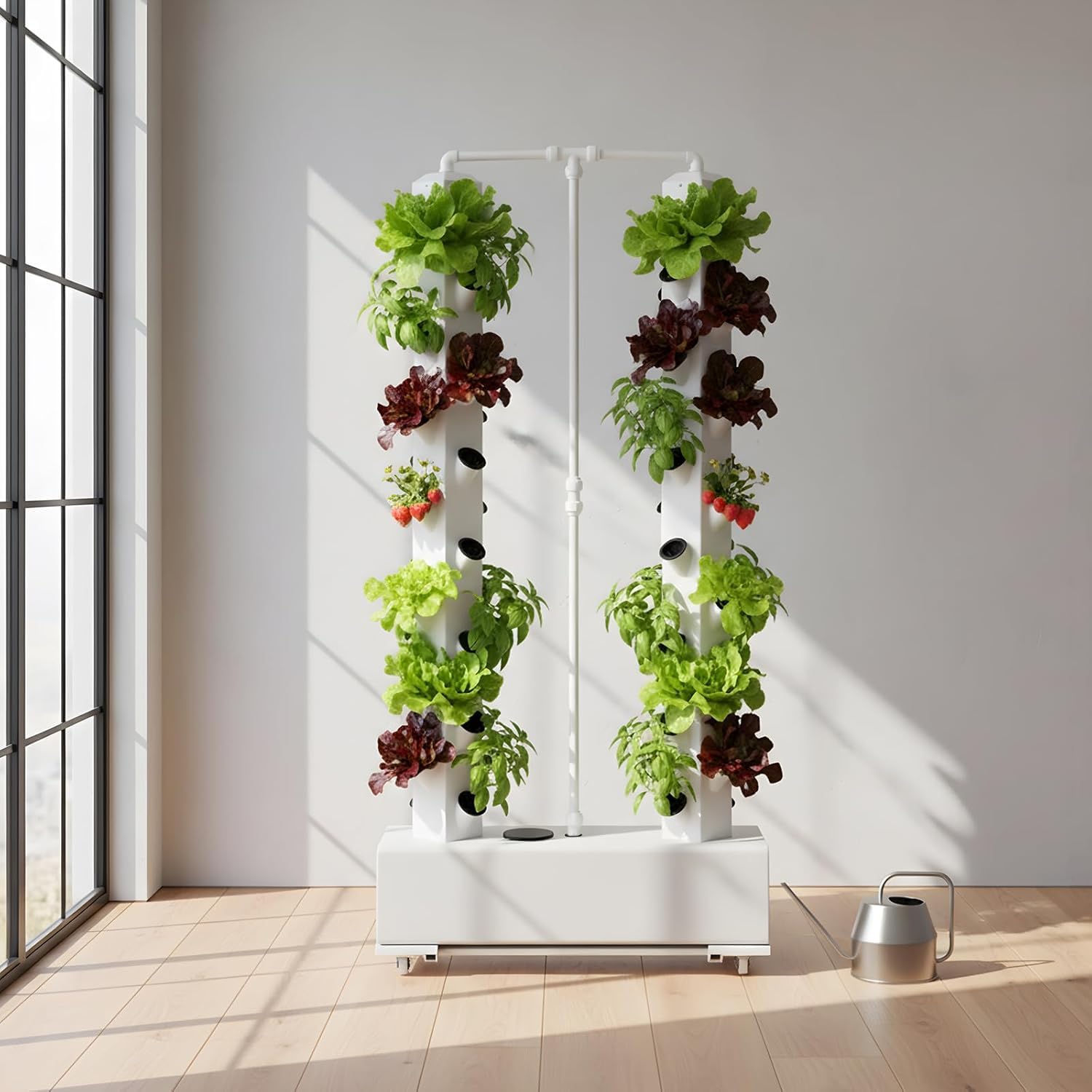 Kit de cultivo hidropónico vertical sistema torre hidropónico, 56 agujeros 30 L, tanque de agua, plantación con ruedas y bomba de agua, para cultivo de tomates, pepinos, fresas, pimientos