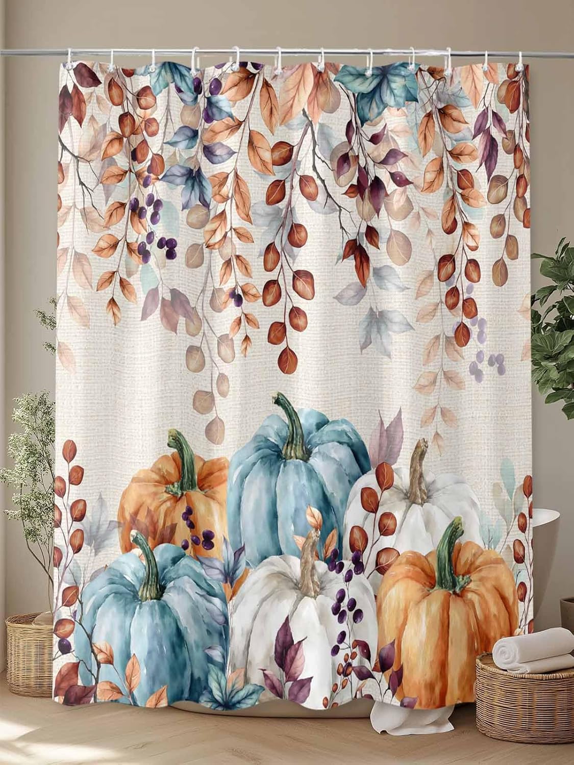 Blue Grey Pumpkins Fall Shower Curtain Set - Small 36" x 72" Thanksgiving Washable Bathtub Curtain with 12 Hooks, Maple Leaf Waterproof Fabric Stall Shower Curtains for Bathroom/Bathtub Décor