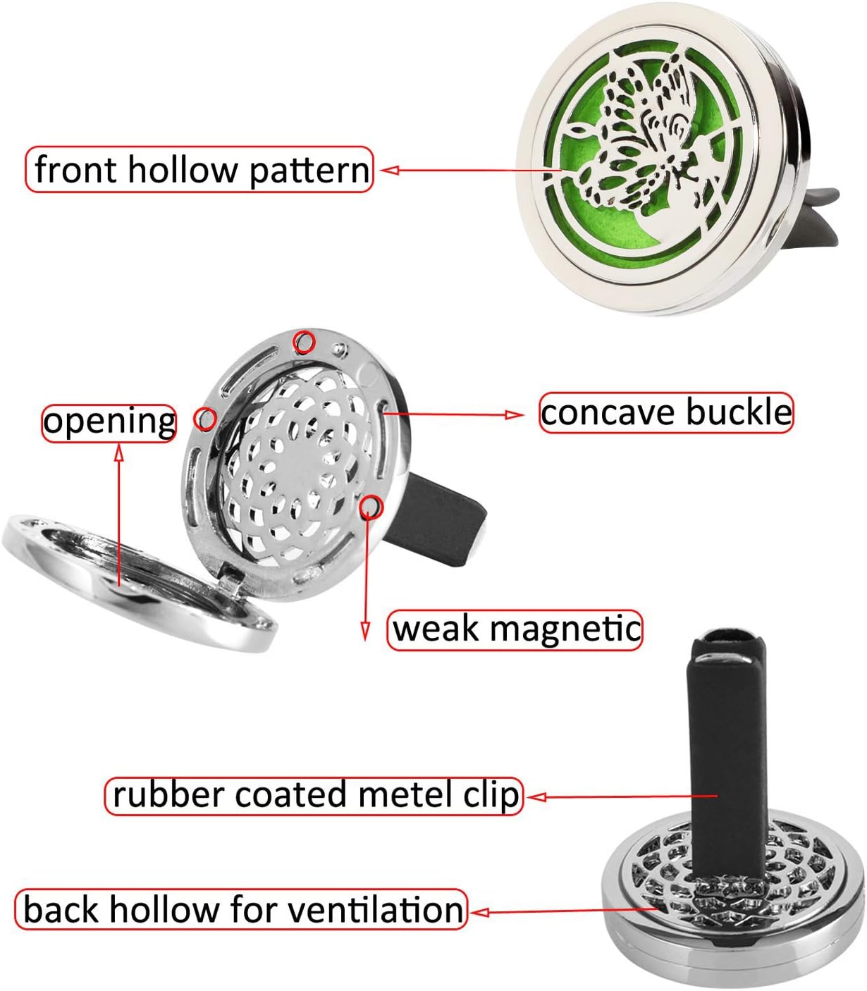 OOTSR 2Pcs Car Aromatherapy Essential Oil Diffuser, Stainless Steel Air Freshener Vent Clip Locket for Car, living room, Office, with 102pcs Refill Felt Pads (Butterfly & Musical Symbol)