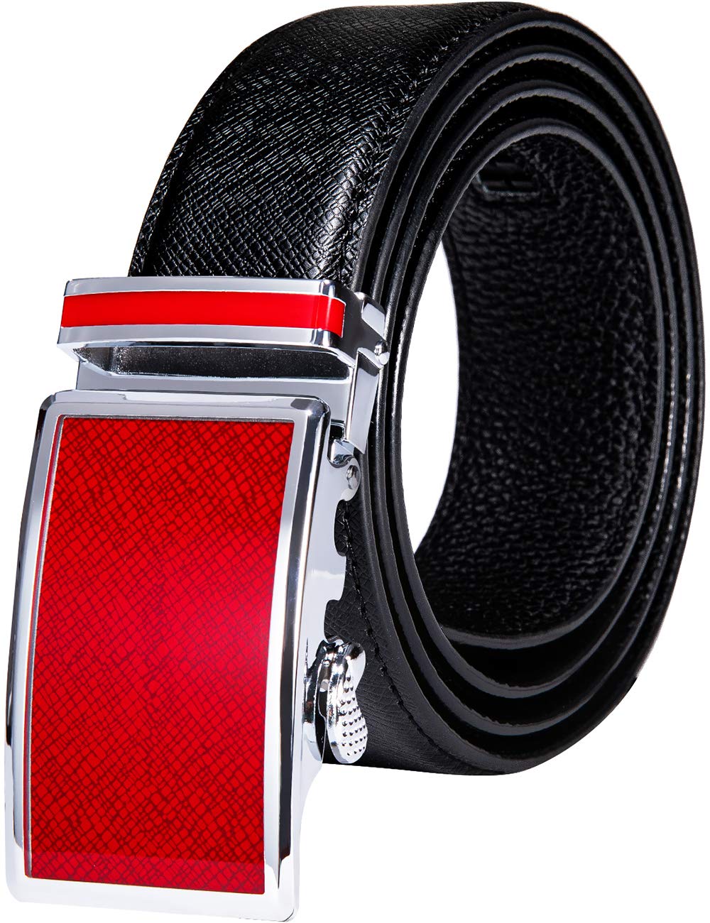 YOHOWA Mens Gold Buckle Belt, Cowhide Belt Automatic Ratchet Buckle Black Holeless for Jeans/Suit Gift Box