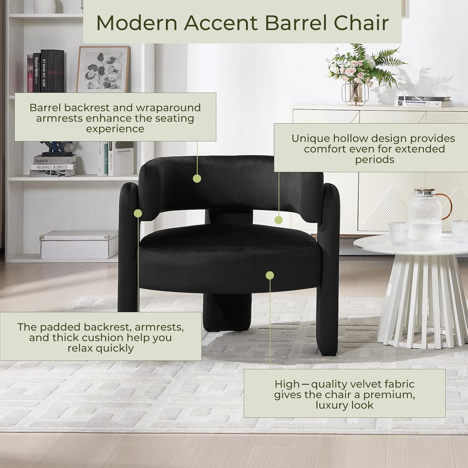 Barrel Accent Chairs Set of 2, Mid Century Modern Upholstered Living Room Chairs with Wooden Legs, Comfy Velvet Reading Arm Chair for Bedroom, Makeup Room, Black