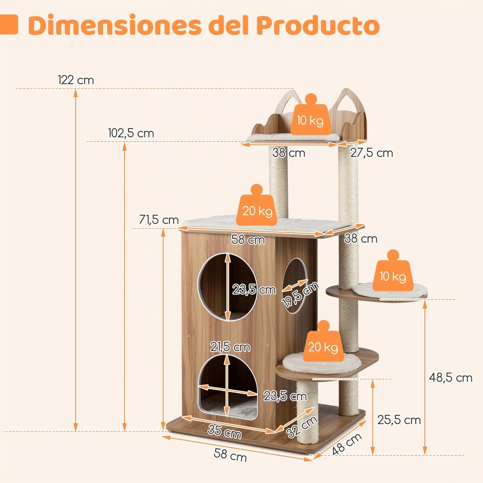 COSTWAY Árbol Rascador para Gatos de Madera, 122 cm de Altura, Torre para Gatos con Condo de 2 Pisos, Postes de Sisal, 3 Plataformas Anchos con Cojines Desmontables, Mueble Auxiliar Moderno Gatitos